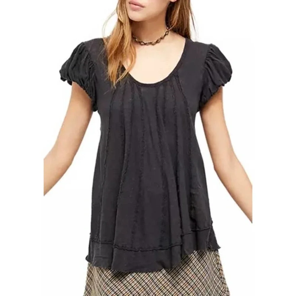 Free People Top New Star Distressed Stripe Washed Black Size S